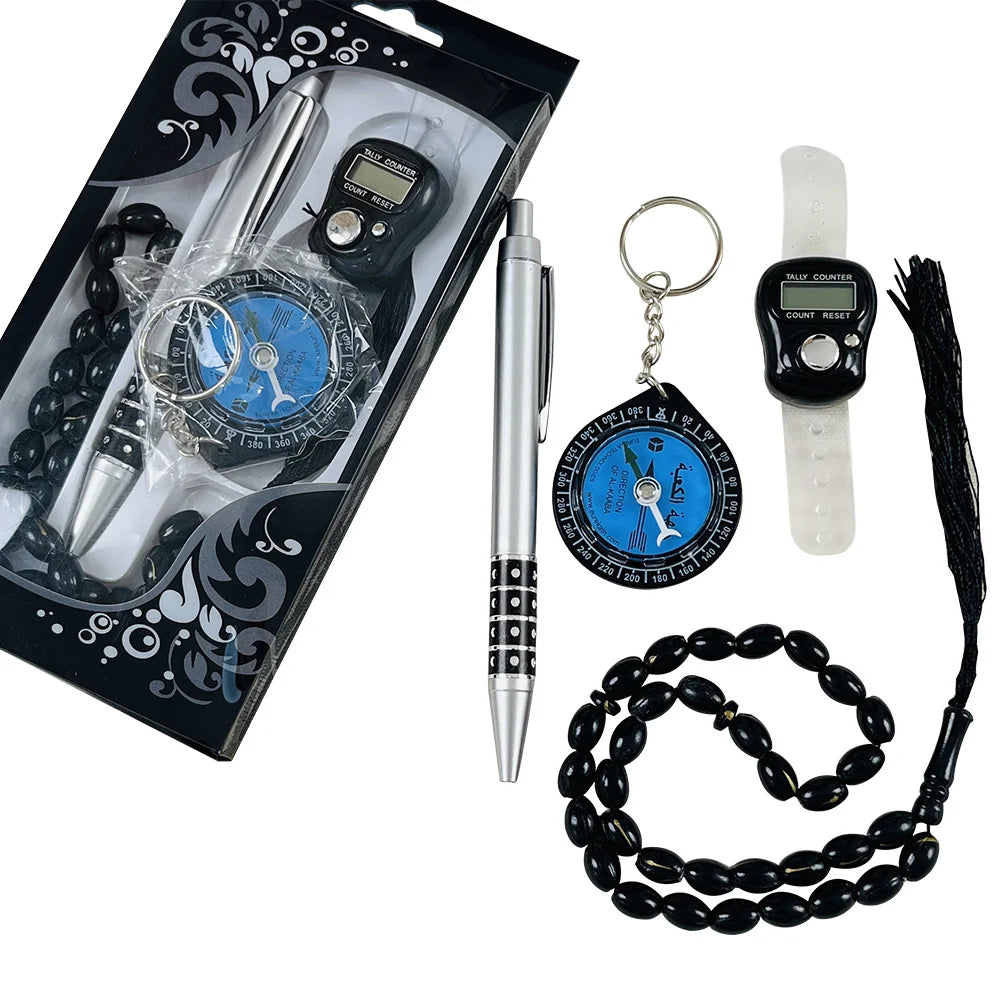 4pcs/set Promotion Muslim Eid Tasbih Prayer Beads Set Compass Prayer 33 Tesbih Pen Digital Counter with Box Islam Kids Gifts