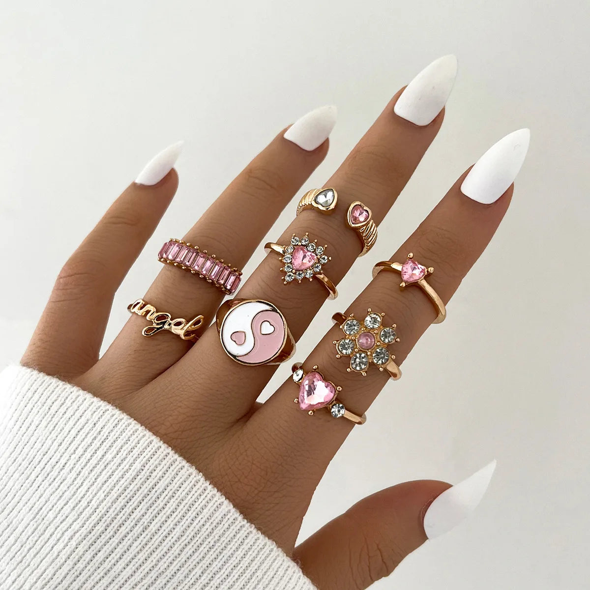 Vintage Punk Rings Set Butterfly Flower Gold Plated Crystal Ring Set Jewelry For Women Rhinestone Tai Chi Ring