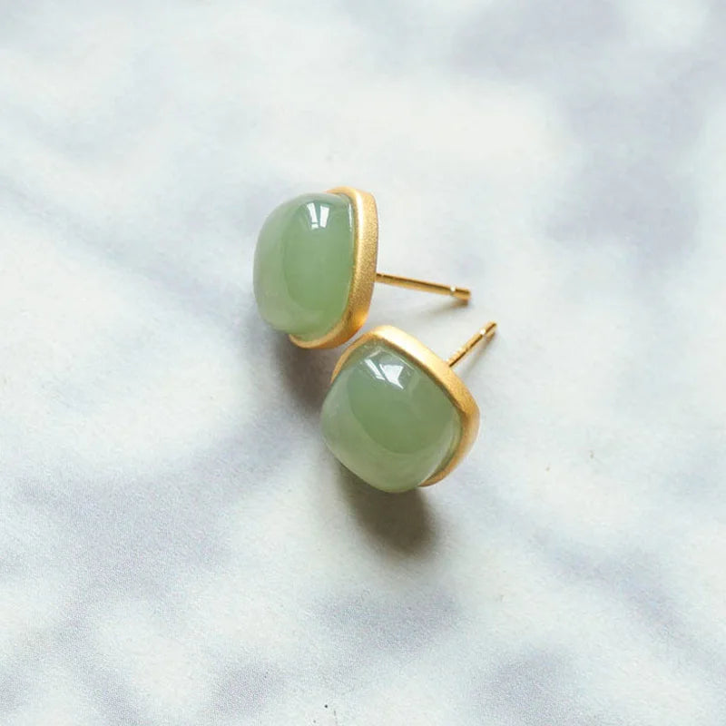 2021 New Simple Fashion Gold Plated Jade Stud Earrings Women Square Natural Green Jade Earring