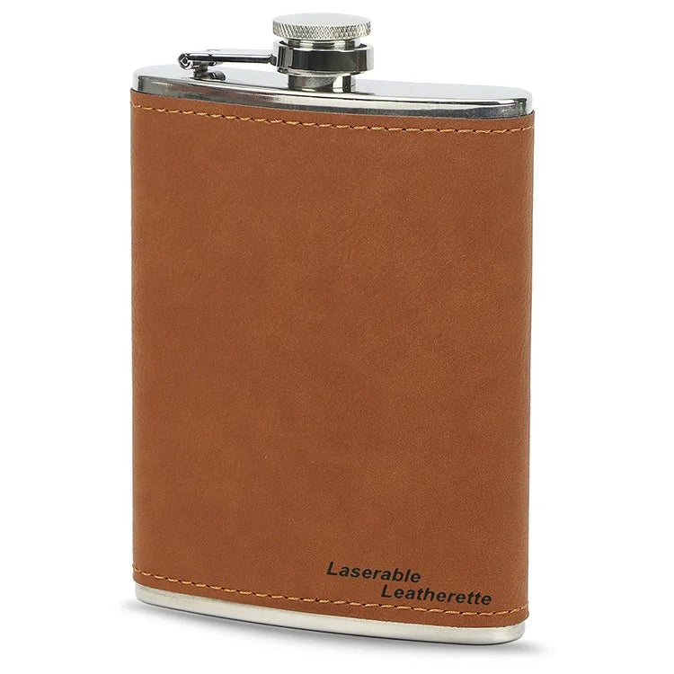 Laser Engraved 8oz Faux Leather Wrapped Hip Flask Custom Laserable Leatherette Whiskey Liquor Flasks