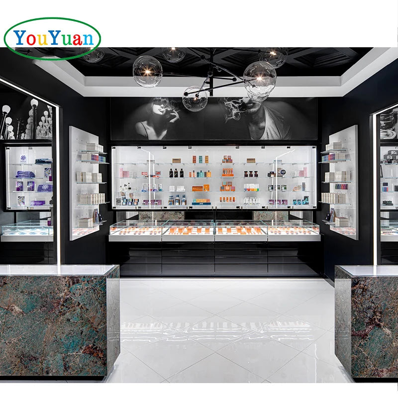 Artificial Marble Counter Aluminum Frame Smoke Shop Showcase Store LED Glass Tobacco Shop Display Cabinet