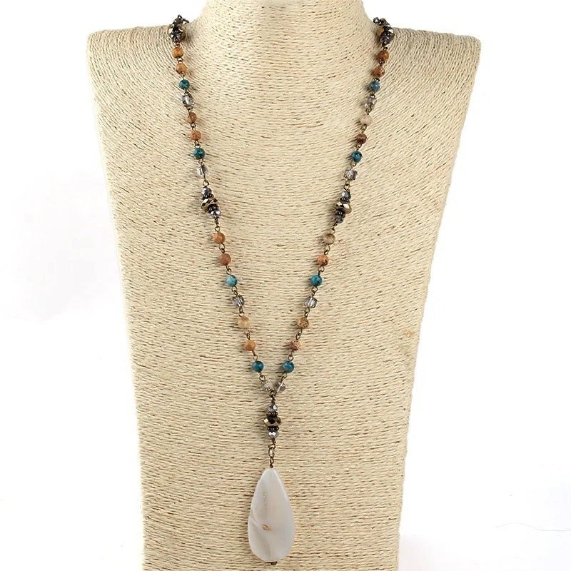 Fashion Delicate Link Chain Jewelry Natural Stone Crystal Glass Beads Necklace Drop Pendant Necklace