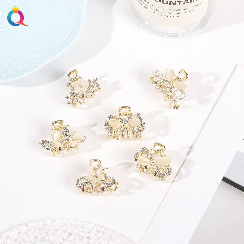 QIYUE Gold Color Metal Hair Claw Opals Rhinestone Flower Butterfly Hair Claw Clip
