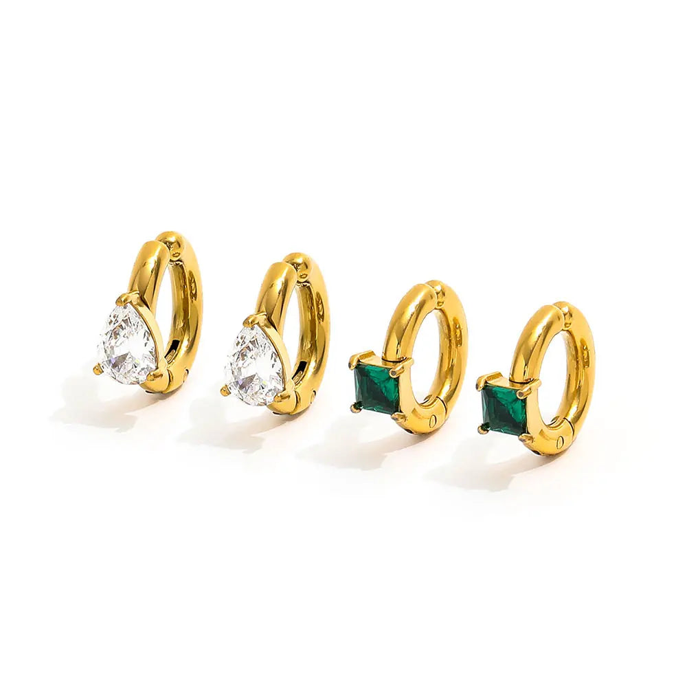 Fenny High End Pvd Dainty Elegant Green Square White Teardrop Zirconia Huggie Earring Wholesale Stainless Steel Ladies Jewelry