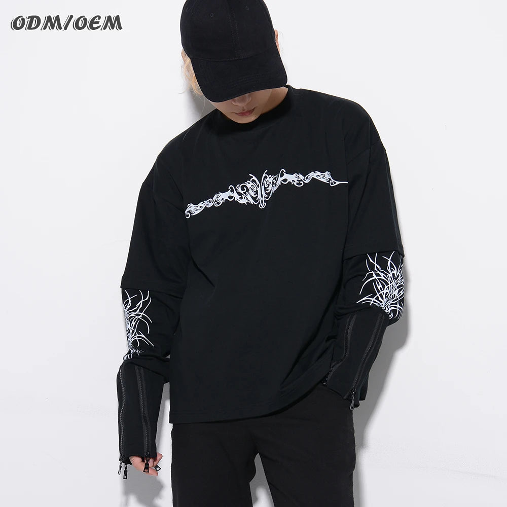 Men's New Long Sleeve Graphic T Shirts 100% Cotton Woven Fabric Double Layer Custom Printing Complex Process Wholesale Tshirts