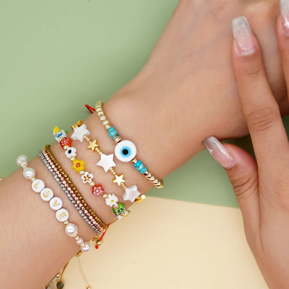 Jingcan Crystal 2022 Summer Crystal Beaded Bracelets Handmade  Customized Design Seed Beads Pearl Beaded Bracelets Set for Women