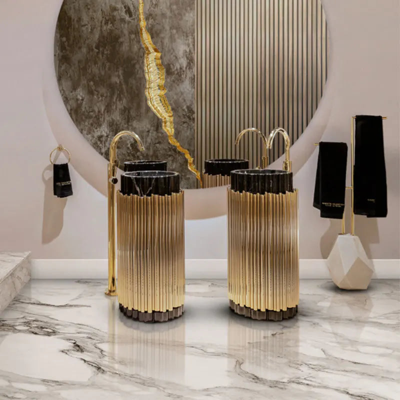 Contemporary Modern Freestanding Bathroom Washstand with Gold Stainless Steel Frame Natural Marquina Black Marble Washbasin Sink