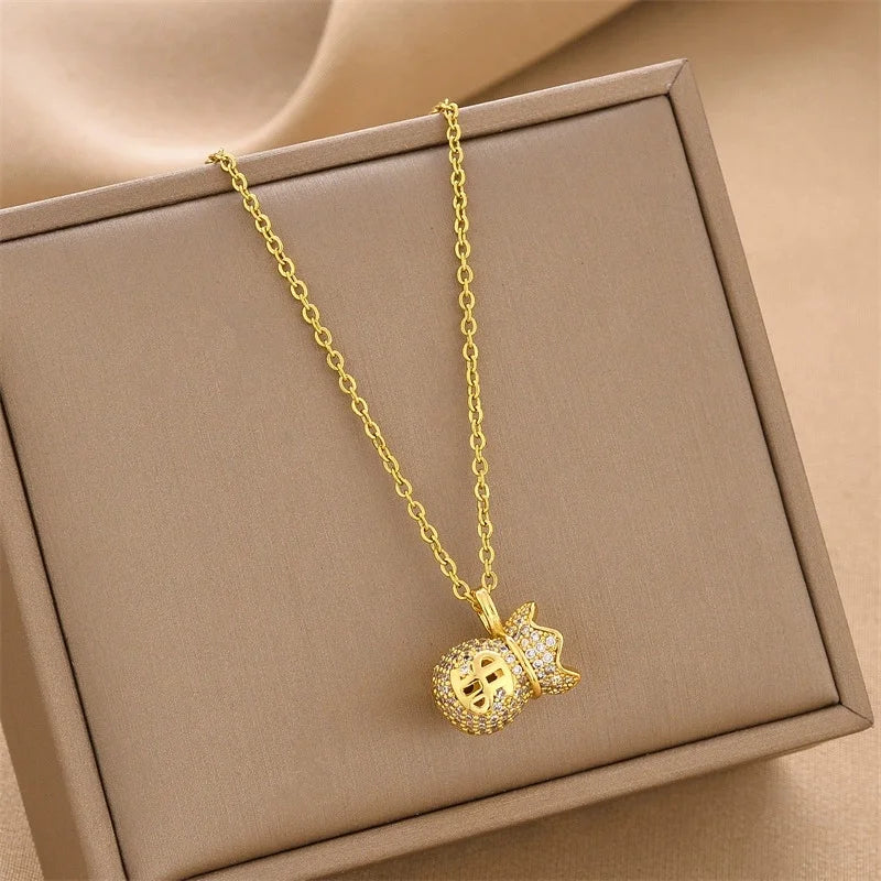 Jewelry 18K Stainless Steel with Zirconia Women's Light Luxury Vintage Money Bag Necklace