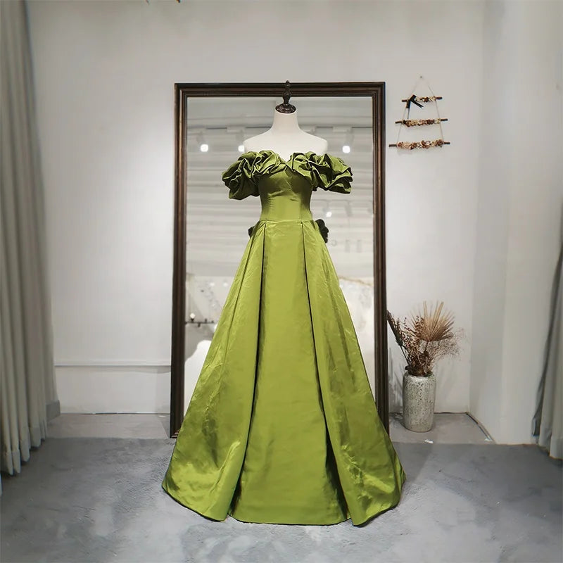 Jancember RL121 Elegant Green Boat Neck A-line Bow Satin Ruffles Wedding Dresses for Women