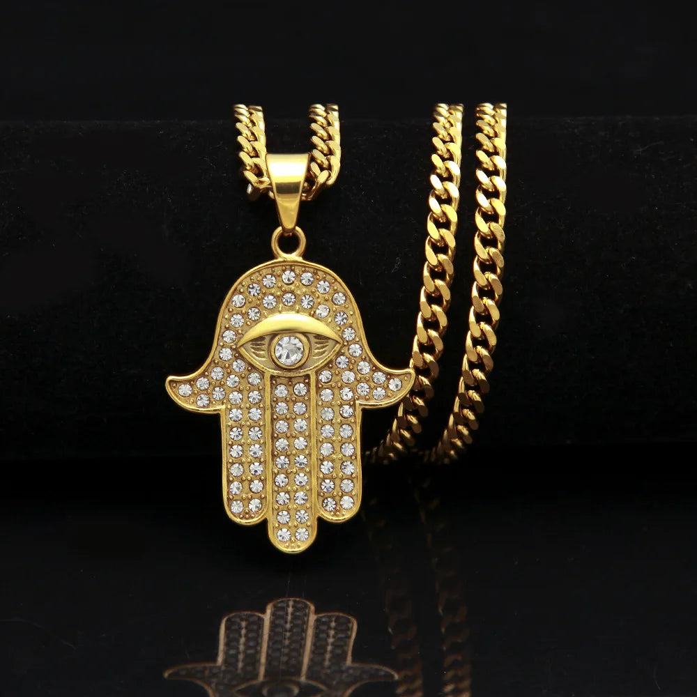 Fatima Hand Hamsa Hand Necklace Gold Plated Stainless Steel Men Hip Hop Jewelry CZ Iced Zircon Engagement Party