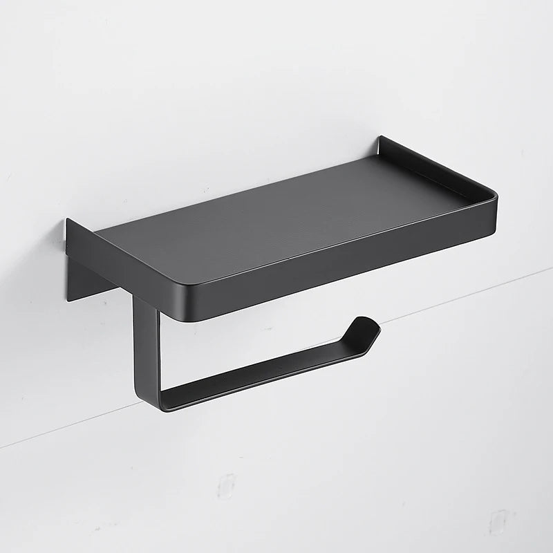 Modern Wall-Mounted SUS304 Stainless Steel Toilet Tissue Paper Holder with Mobile Phone Storage Shelf Black for Bathroom