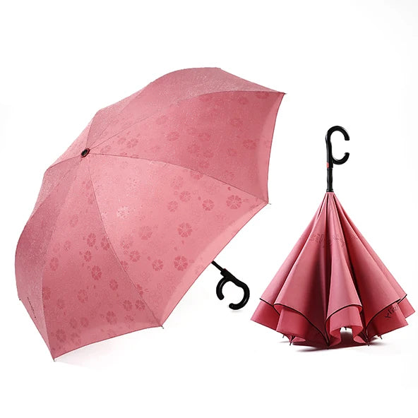 Auto Open Pink Print Magic Rain Umbrella with Water-Effect Flowers Inverted Reverse Colors Changing-Met Umbrellas