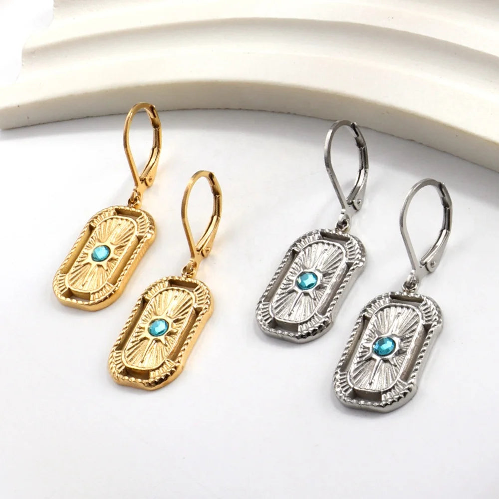 Vintage Tarnish Free Square Sunburst Inlay Blue Zirconia Charm Hoop Earrings 18k Gold Plated Stainless Steel Earrings Jewelry