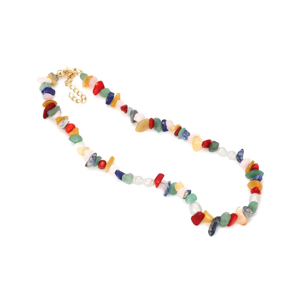 G.T 2022 Factory Wholesale Bohemian Colorful Gravel Pearl Necklace Handmade Chakra Stone Necklace for Women