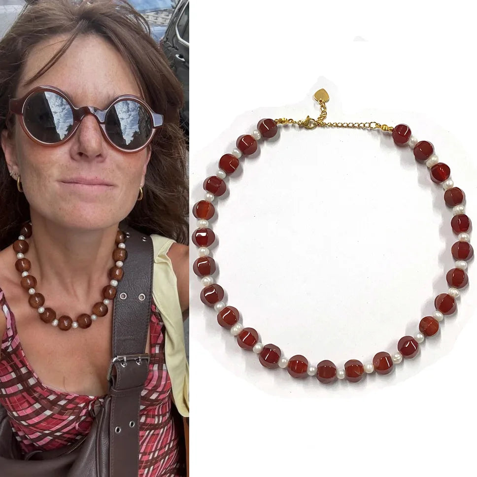 NEW Retro Design Beach Vacation Jewelry Dark Red Natural Stone Handmade Beaded Necklace for Women