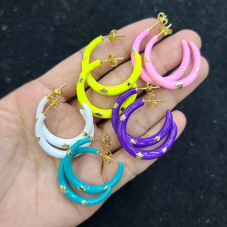 EM1265 18k Gold Plated Rainbow Multicolor Neon Enamel Star Charm Semi Hoop Huggie Earrings