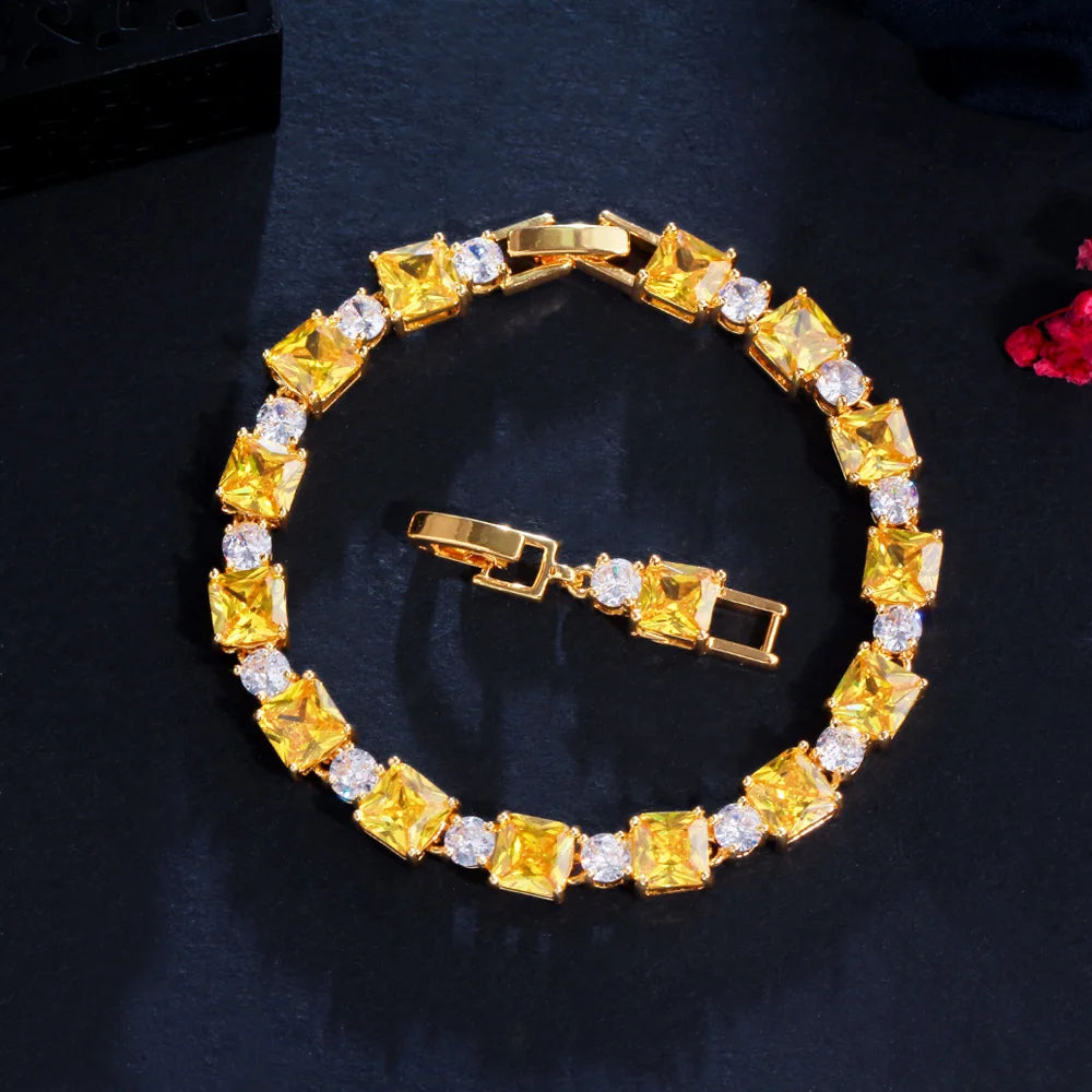 Gorgeous Yellow Princess Cut Cubic Zircon Crystal Tennis Bracelet for Women Bridal Square Chain Bracelet Wedding Party Jewelry
