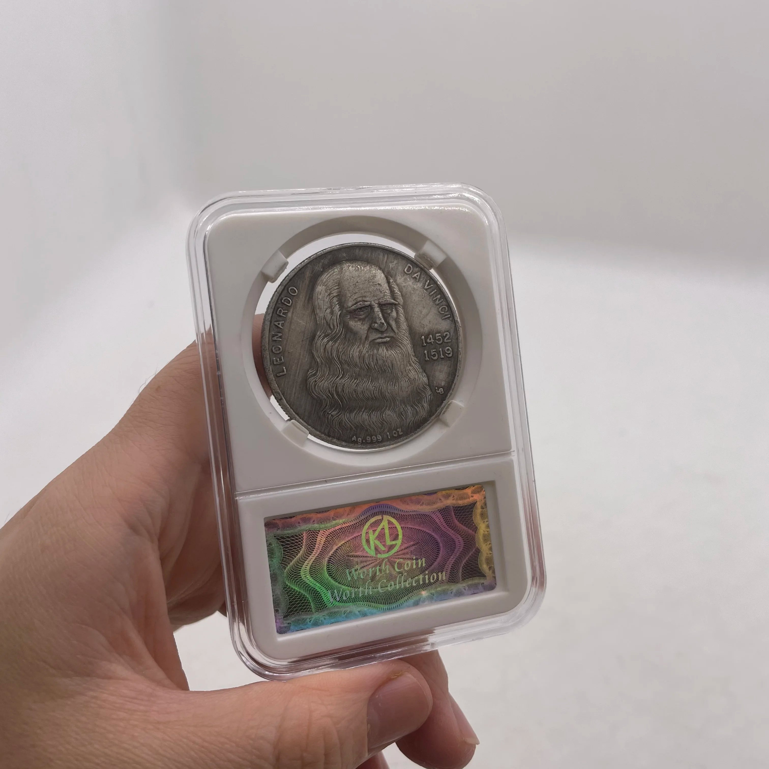 1 Piece 1452-1519 Da Vinci Old Fashion Coin with Display Frame Handicraft Silver Coin Commemorative Collection Memorial Gift