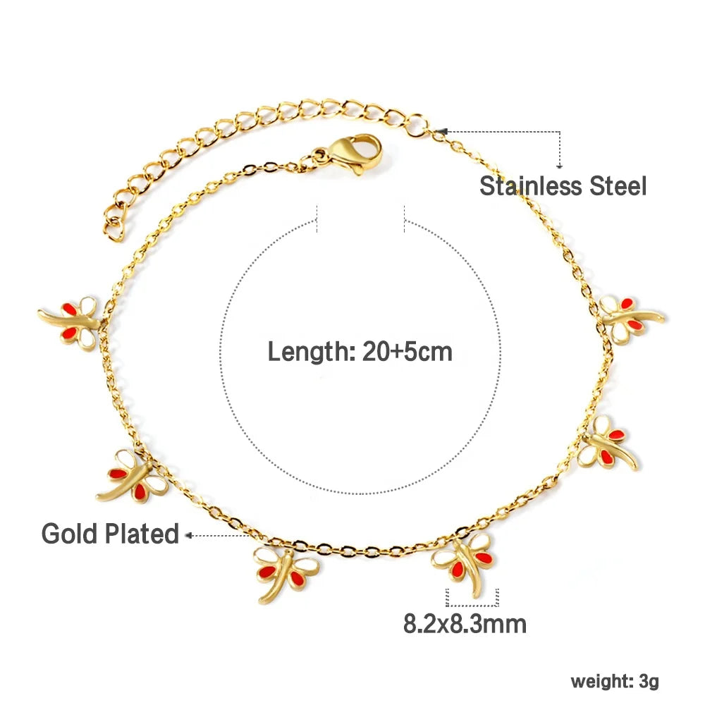 Ason Jewelry Stainless Steel 18k Gold Plated Anklet Trendy Cute Animal Muti Dragonfly Anklet
