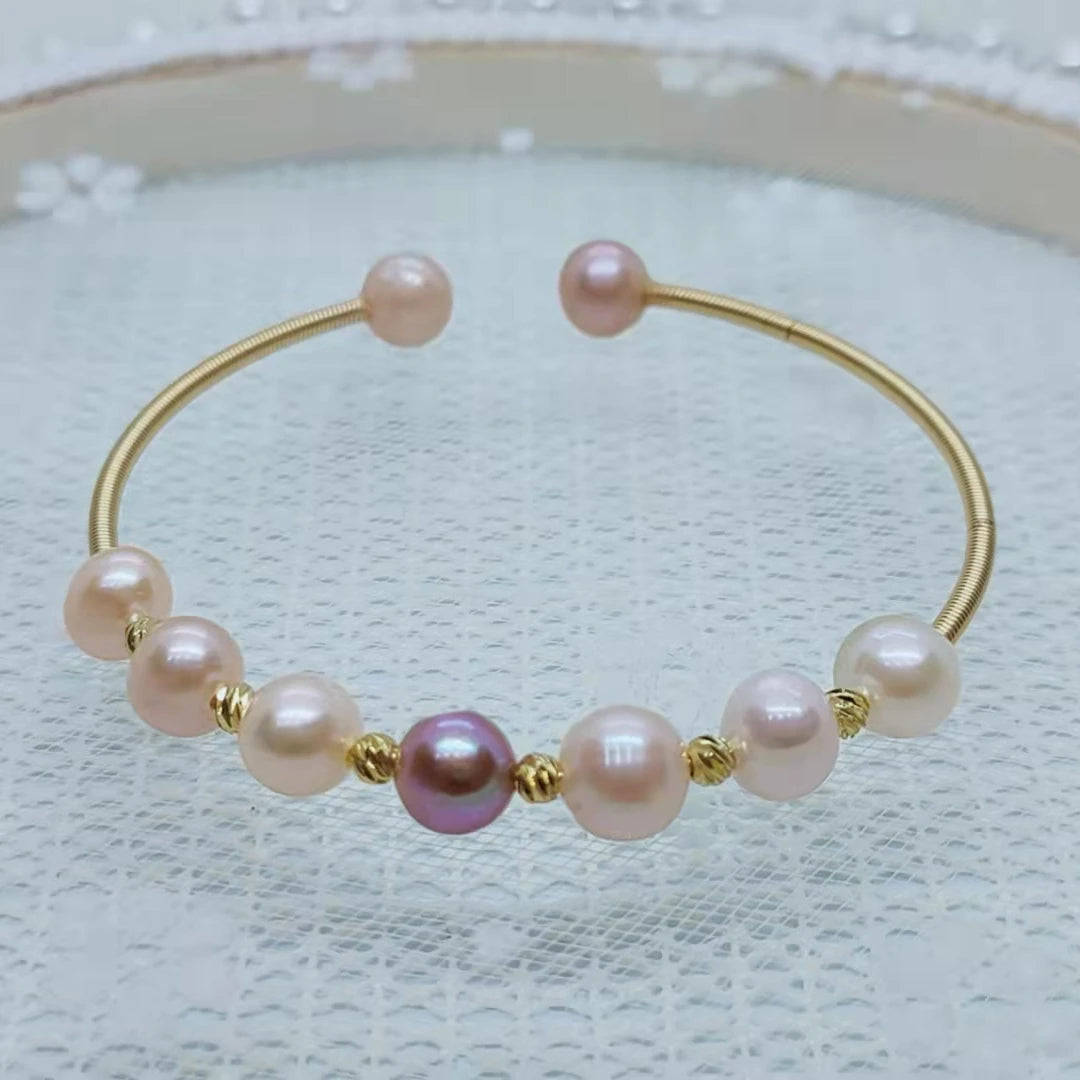 18K Plated Braided Bracelet 7-8mm Freshwater Color Pearls Handmade Woven Copper Cute 239 Direct Factory Pearl Bracelet Bangle