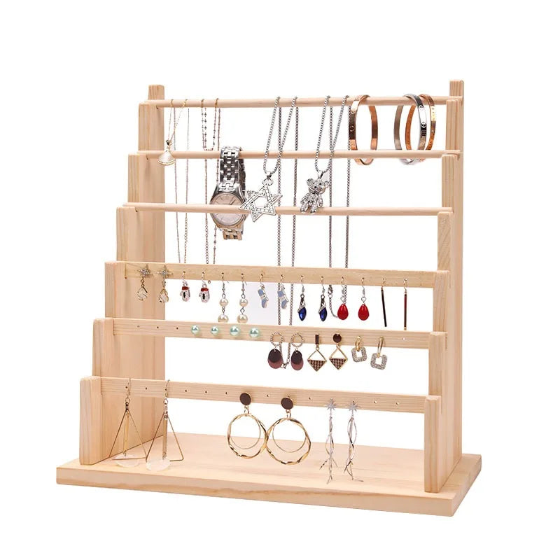 Popular ZQ Brand 6 Stepped Layer Natural Pine Wood Roller Flat Bars Earrings Holder Rack Stand