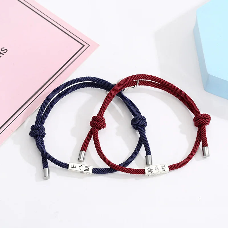 Newest 2021 Valentine'S Day Gifts Jewelry Braiding Couple Bracelet Handmade Rope Magnet Columnar Charm Bracelet for Lovers