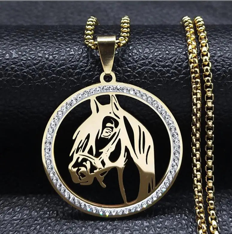 Caicai Trendy Jewelry Men's Gemstone Horse Pendant Necklace Stainless Steel Gold Silver Black Gold Necklace Waterproof Jewelry