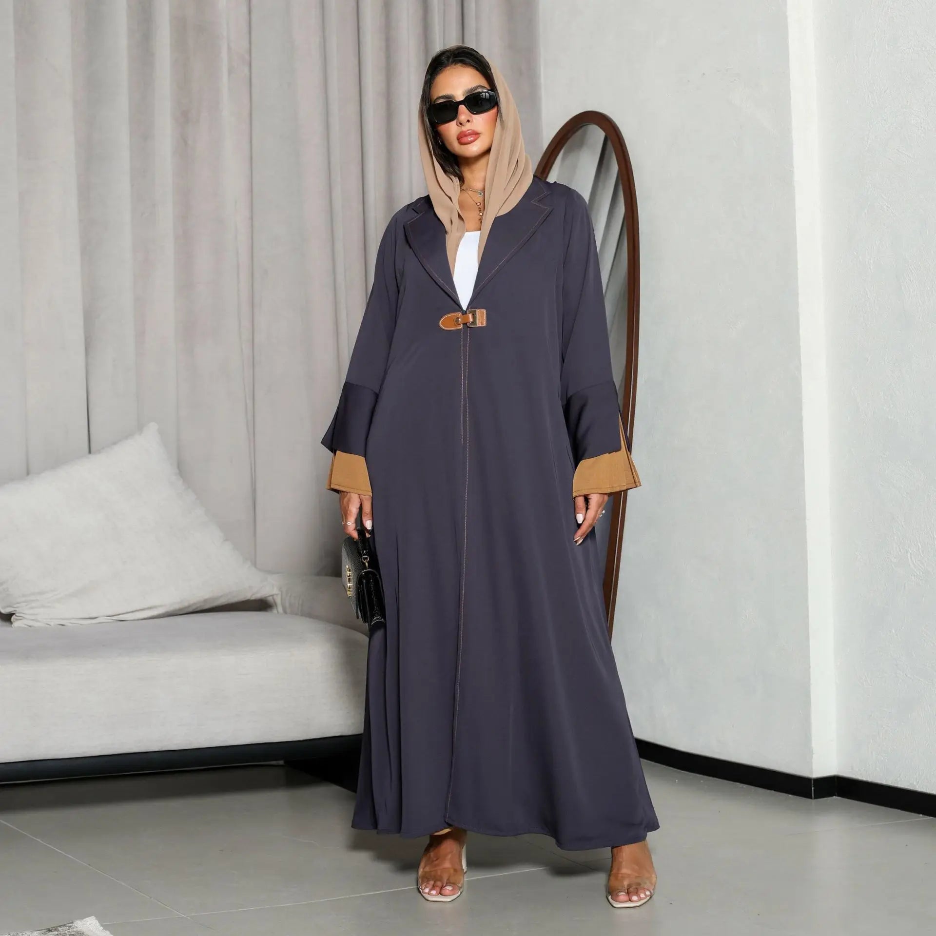 Muslim Women Solid Color Long Cardigan Open Abaya Belted Pleated Abaya Robe Long Coat