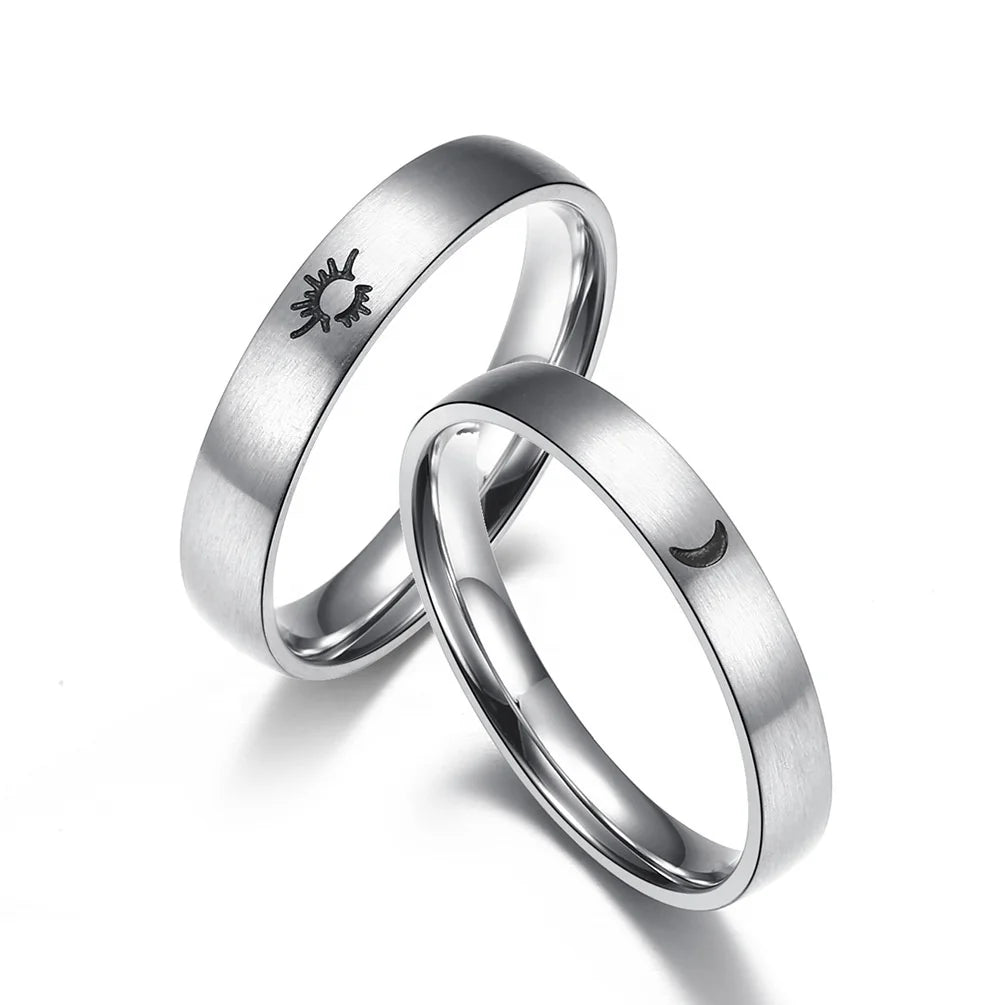 Classical Silver Stainless Steel Simple Moon Sun Ring Pari Girl Boy Fashion Student Couple Ring