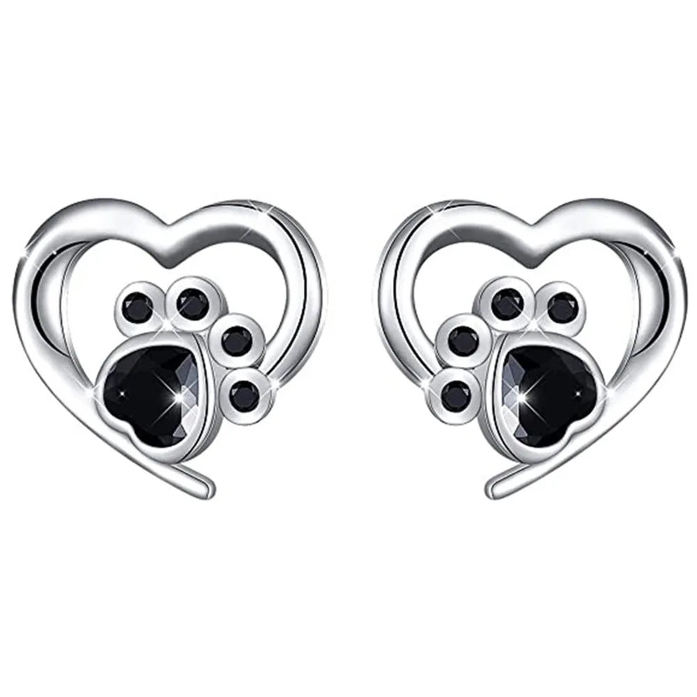 CAOSHI Copper Jewelry Silver Plating Earrings Love Heart Cute Pet Cat's Dog Paw Animal Black Enamel Stud Earrings