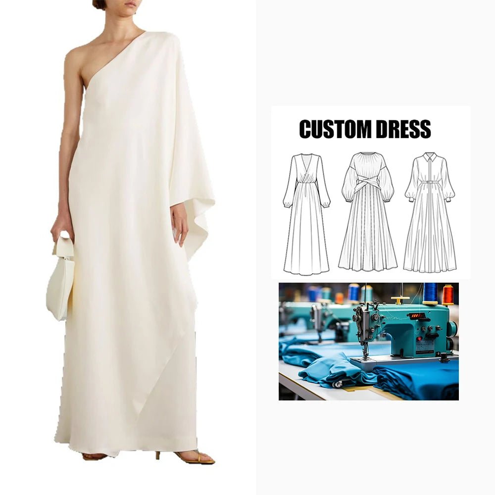 OEM Service Brand Customization Elegant Graceful Cape Bell Sleeve Long One-Shoulder Gown Loose Floor-Length Dress for Party