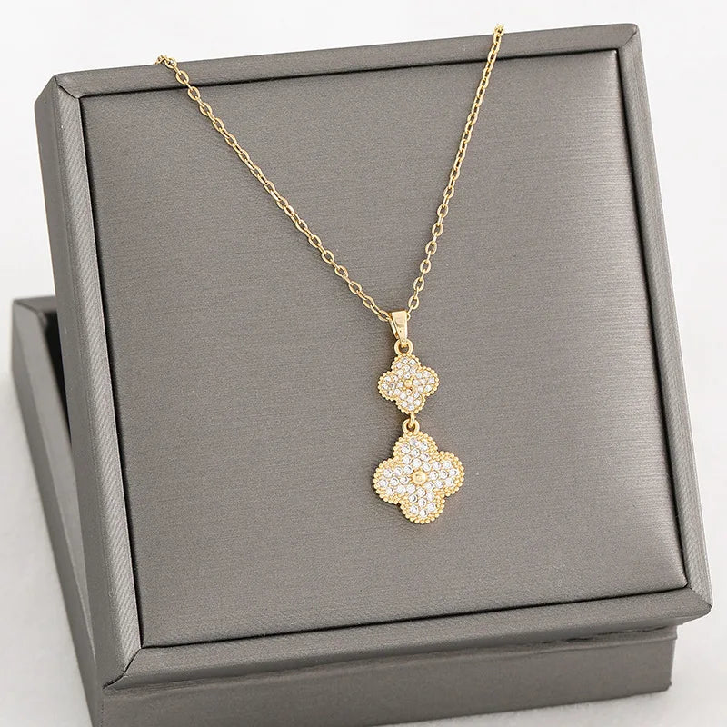 New Fashion Stainless Steel Necklace With Four-leaf Zircon Pendant 18K Real Gold Color Preserving Titanium Steel Necklace