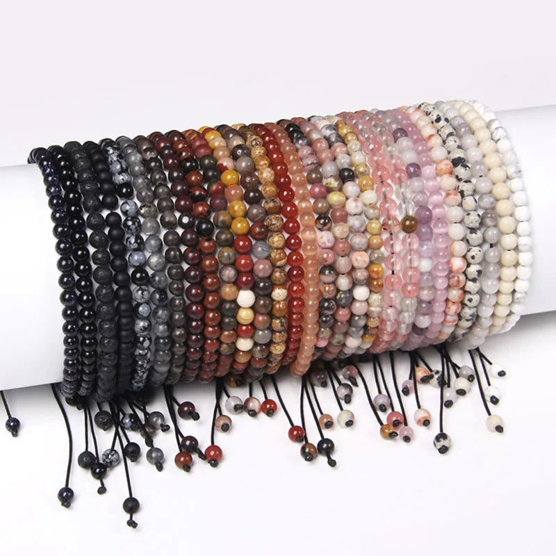New Fashion Cute Small 4mm Gemstone Natural Agate Jasper Aventurine Cat Eye Stone Beads Macrame Bracelet Adjustable Women Men