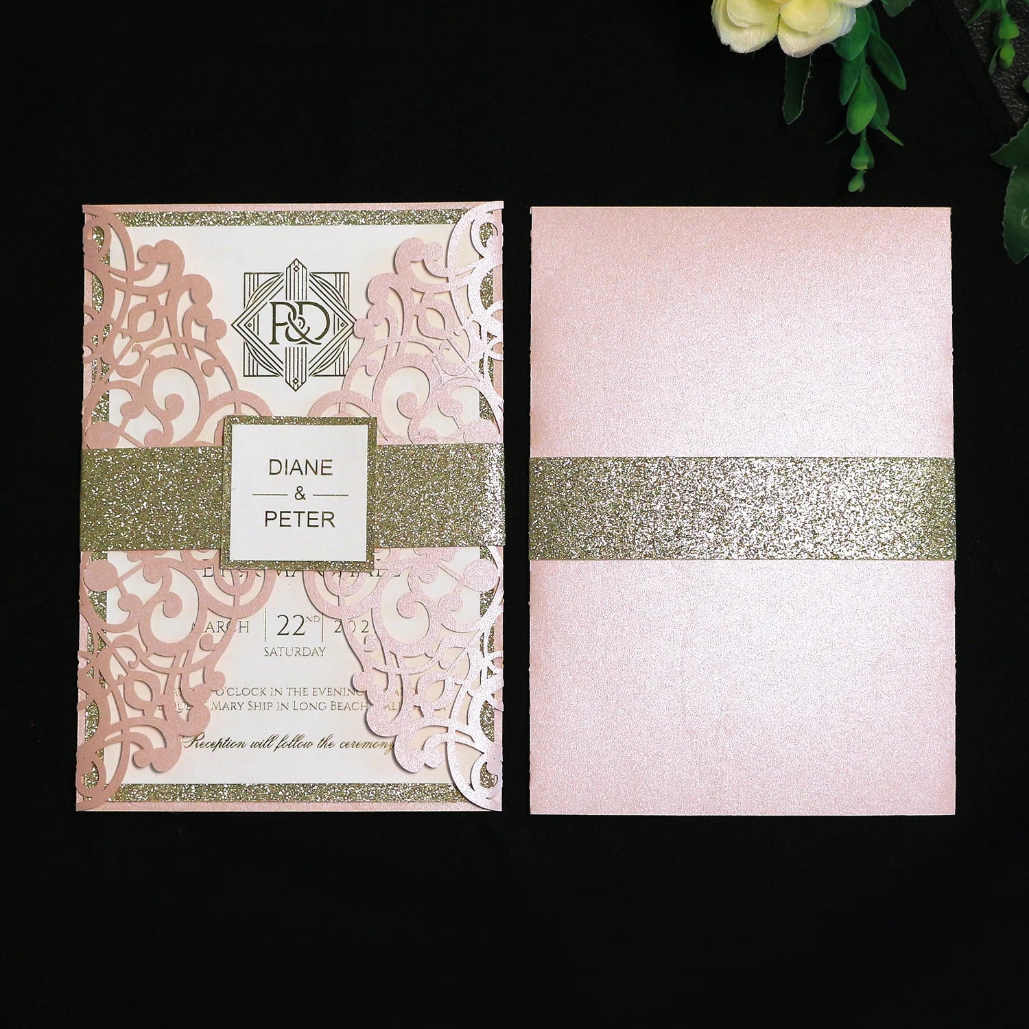 Elegant Light Pink Laser Cut Wedding Invitation Paper Card with Pearlescent Belly Band and RSVP Card