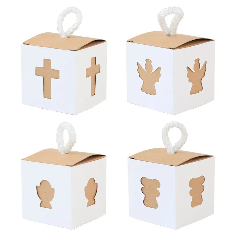 Baptism Theme Small Candy Treat Paper Boxes With Handle Cross Angel Holy Grail Design Embossing Gift Packaging Boxes for Party