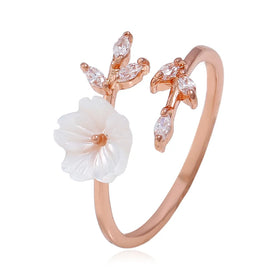Ladies Rose Gold Color Bague Fleur Delicate Zircon Crystal Shell Flower Leaf Rings Jewelry Women Girls