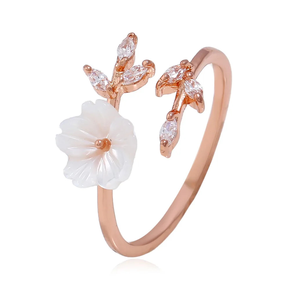 Ladies Rose Gold Color Bague Fleur Delicate Zircon Crystal Shell Flower Leaf Rings Jewelry Women Girls