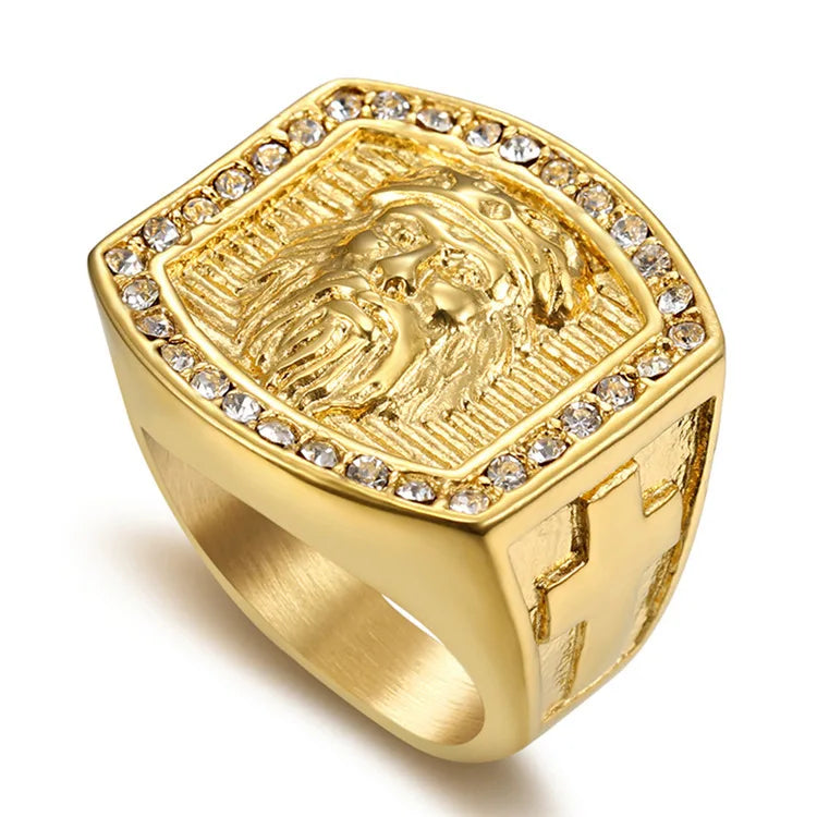 YK High Quality Jesus avatar with Diamond Inlaid Gold Plated Stainless Steel Ring Men's Retro Stainless Steel Ring Wholesale