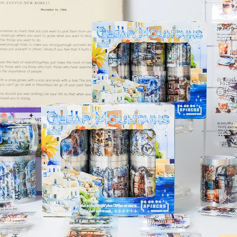 6 Rolls/box  Mountain Clear Tape Set Box Vintage PET Tape Theme DIY Handbook Collage Decorative Stickers