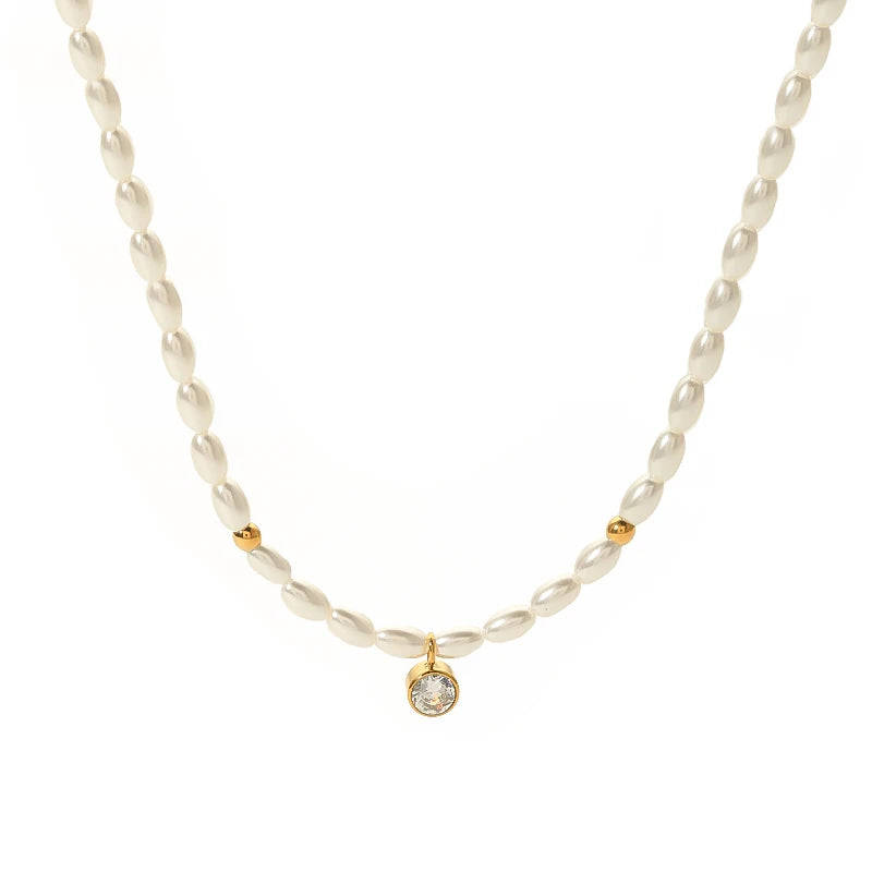 Retro Style Modern Shell Bead Unisex Freshwater Pearl Chain Necklace White Cubic Zircon Pendant Stainless Steel 18K Gold Plated