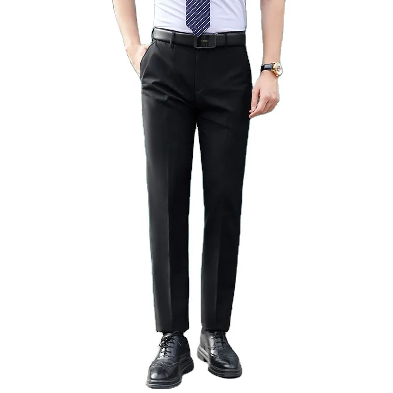 Men's Silm Black Business Professional No-Iron Trousers  Material Casual Straight-Leg Formal Work Pants