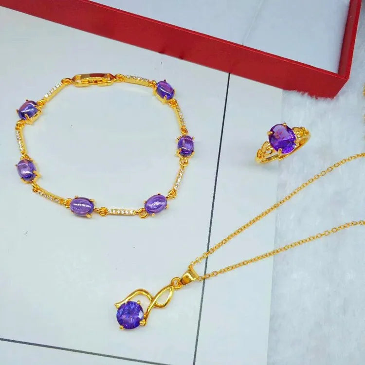 Dubai Gold  Micro-Set Purple Three-Piece Gold-Plated Gold Micro-Set Purple Three-Piece Set Women'S Jewelry