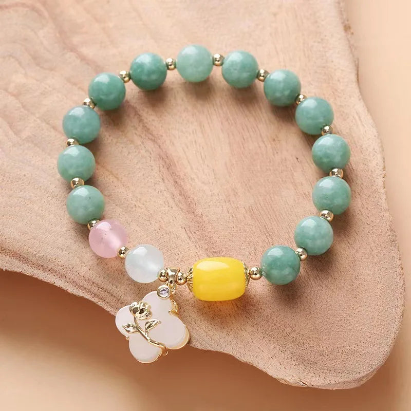 Natural Burmese Jade Green Jade Bead Diamond Inlaid Gemstone Four Leaf Clover Bracelet for Women