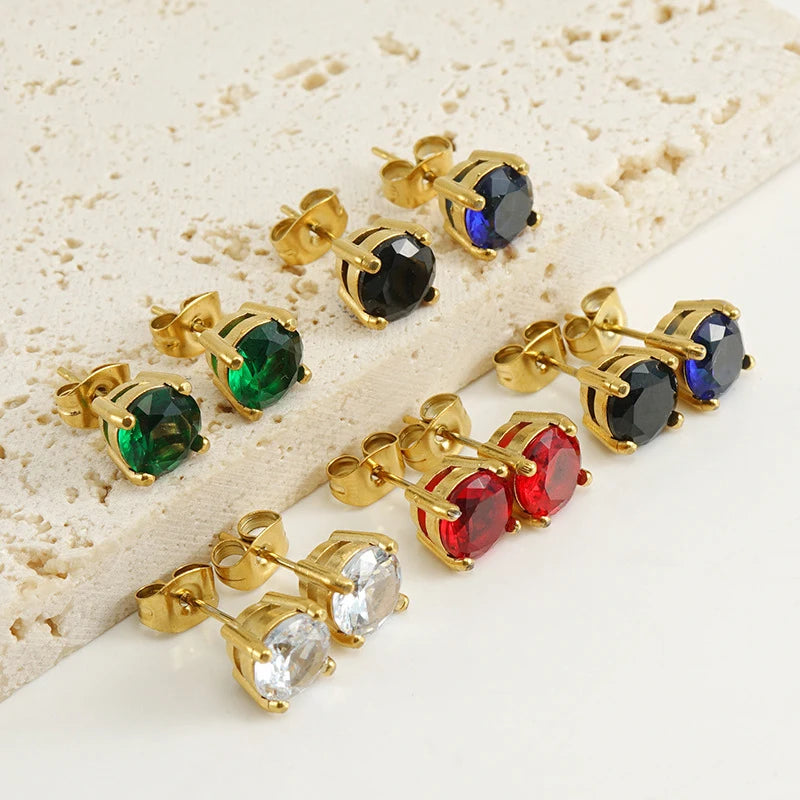 Anti Tarnish 18K Gold Plated Stainless Steel Charming Geometric Colorful Zircon Stud Earrings for Women