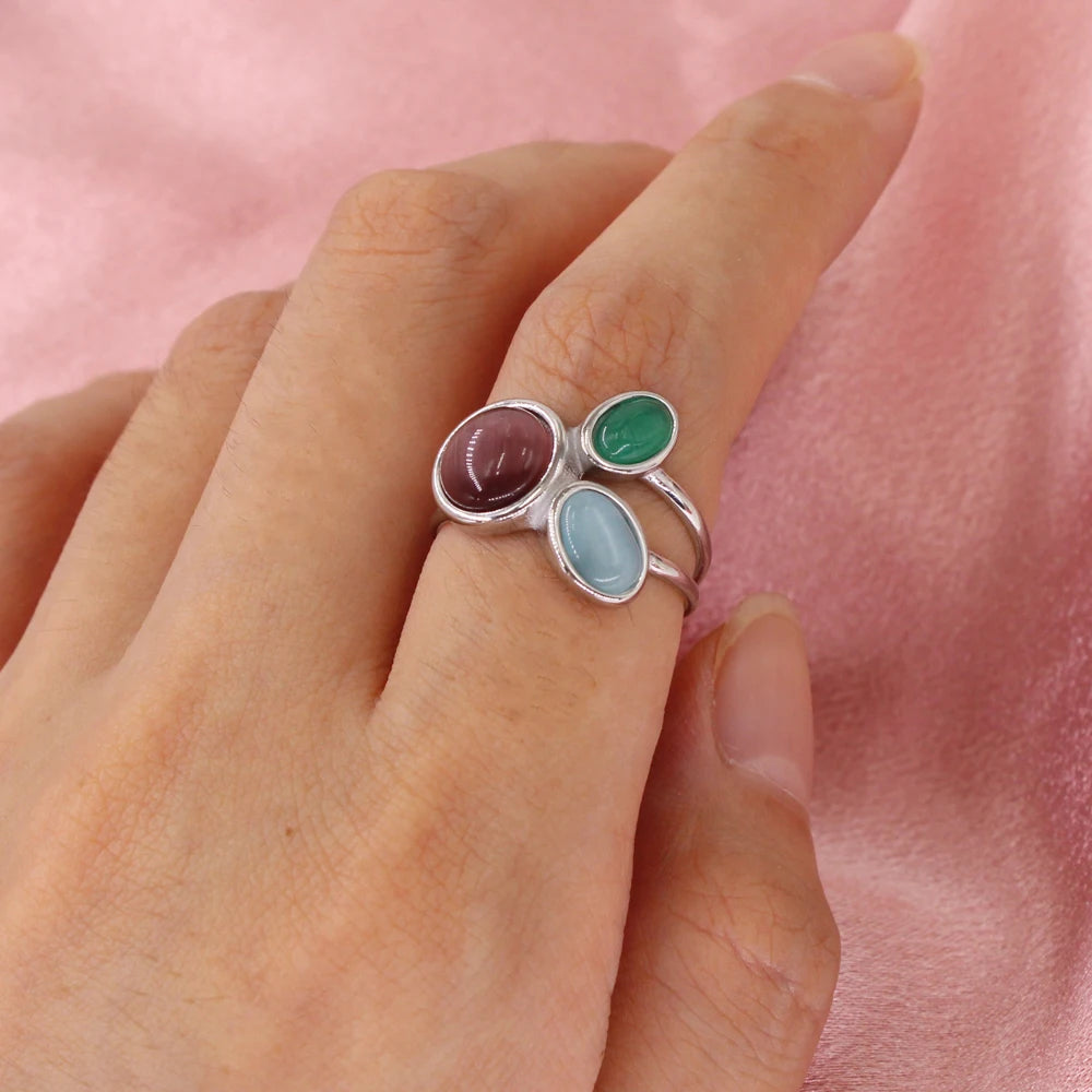 Natural Stone Stainless Steel Ring Personalized Women Wide Finger Jewelry Waterproof Vacation Gift