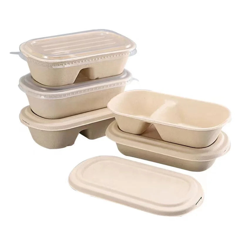 Biodegradable Fastfood Container Takeaway Bagesse Bowl and Plate 2 Compartments Disposable Sugarcane Divider Bento Lunch Box