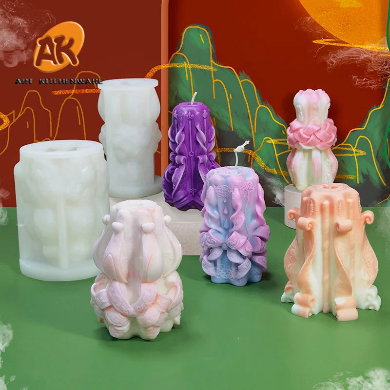 AK 3D Auspicious Flower Silicone Mold for Cakes Large Geometric Columnar Wave Spiral Soap Gypsum Resin Baking Mould Home Decor