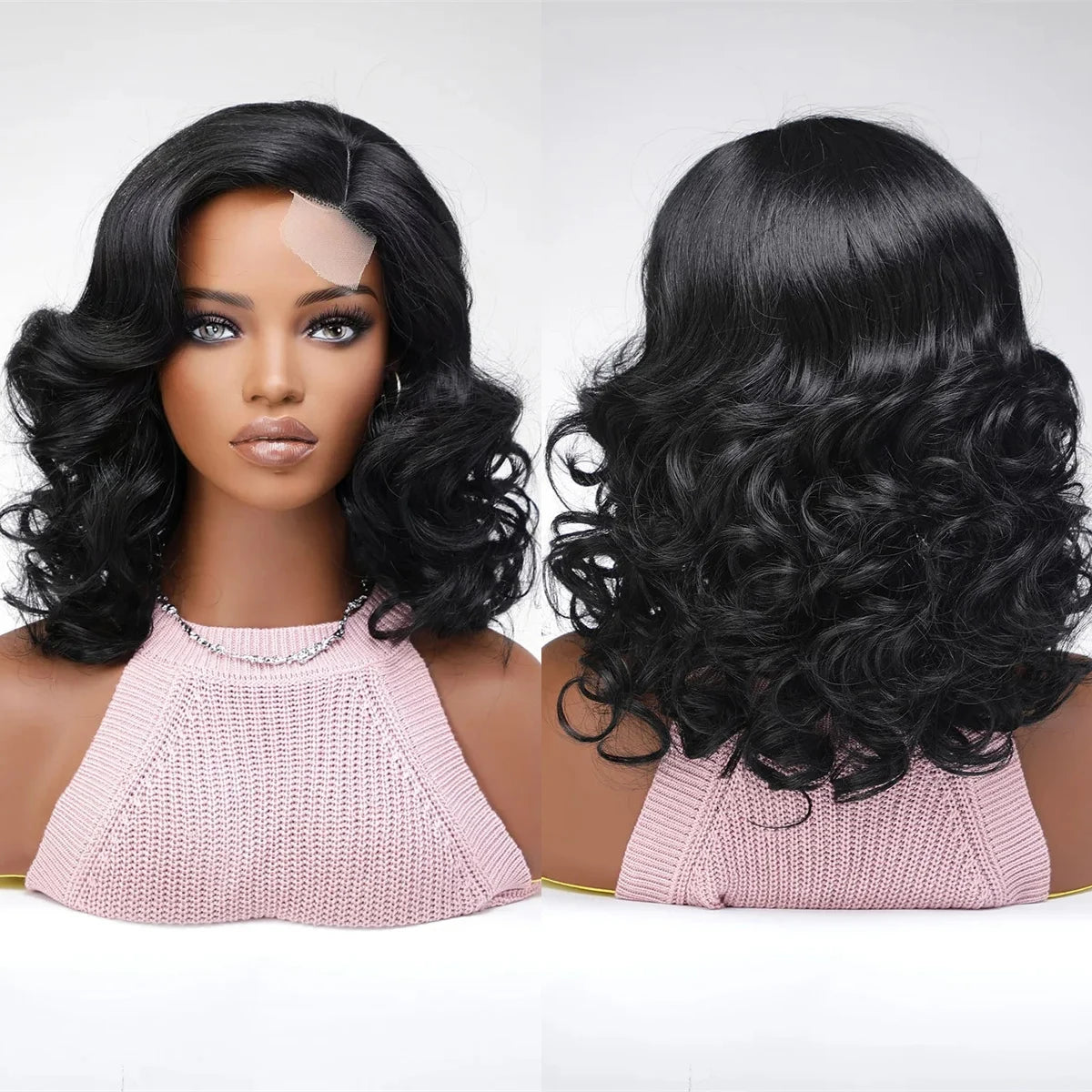 Front Lace Hairline Little Lace Front Black Short Natural Wavy Synthetic Wig No Bangs for Women Heat Resistant Fiber Wigs