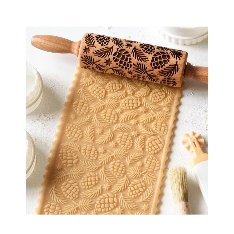Embossed Rolling Pin Pine Cone Pattern Carved Mold for Pastry Dough Embossed Dough Roller Engraved Wooden Rolling Pin for Cookie