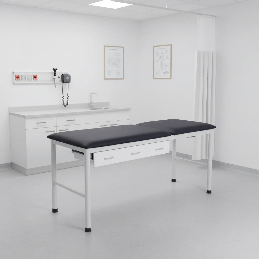Hospital Manual Backrest Fixed Height Removable Round Legs Patient Examination Bed with 3 Drawers